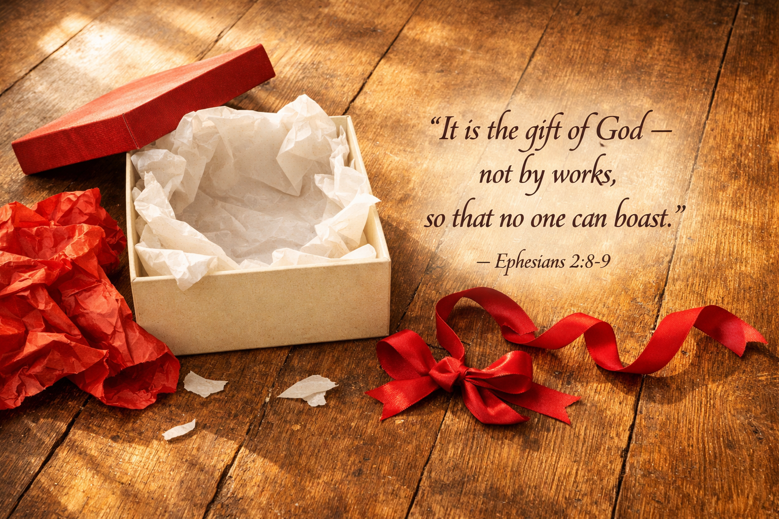 Open gift box with lid off and ribbon on wooden floor in warm morning light with Ephesians 2:8-9 verse about the gift of God